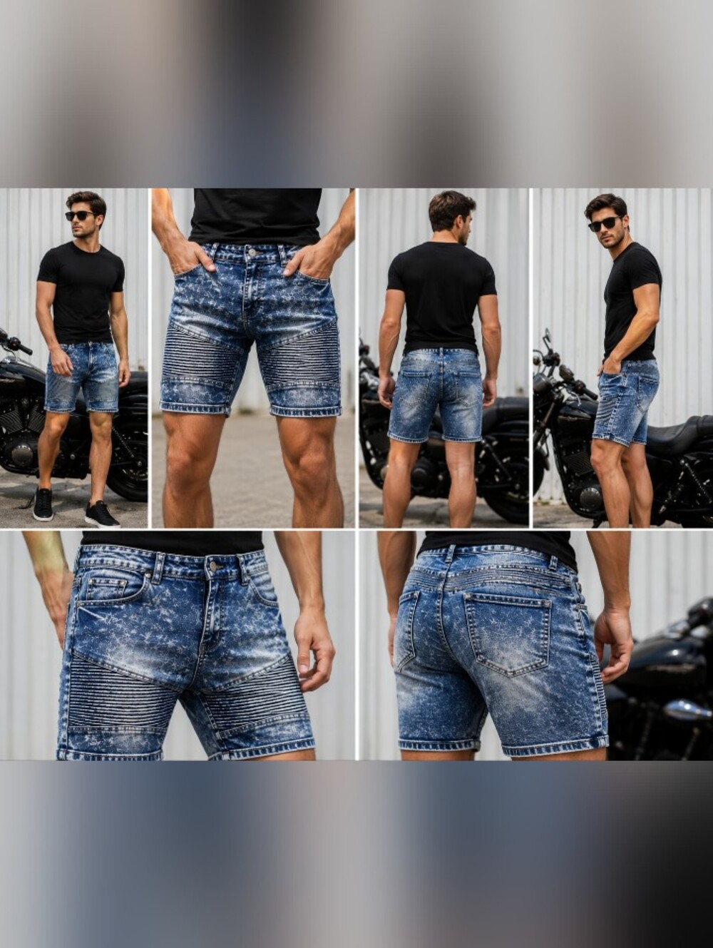 Marx & Dutch Men's Moto Denim Shorts Motorcycle Comfort Stretch Acid Wash 36
